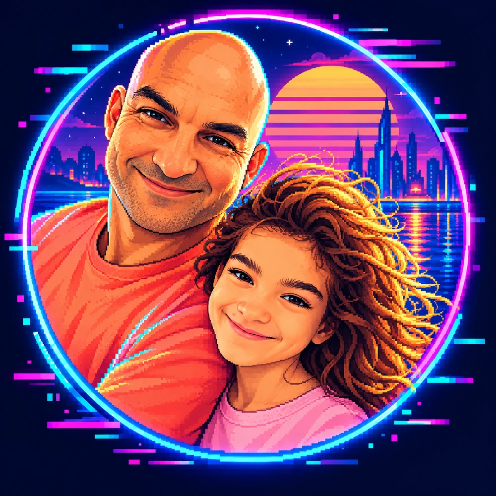 Craig Garcia and Coral in a neon pixel-art portrait