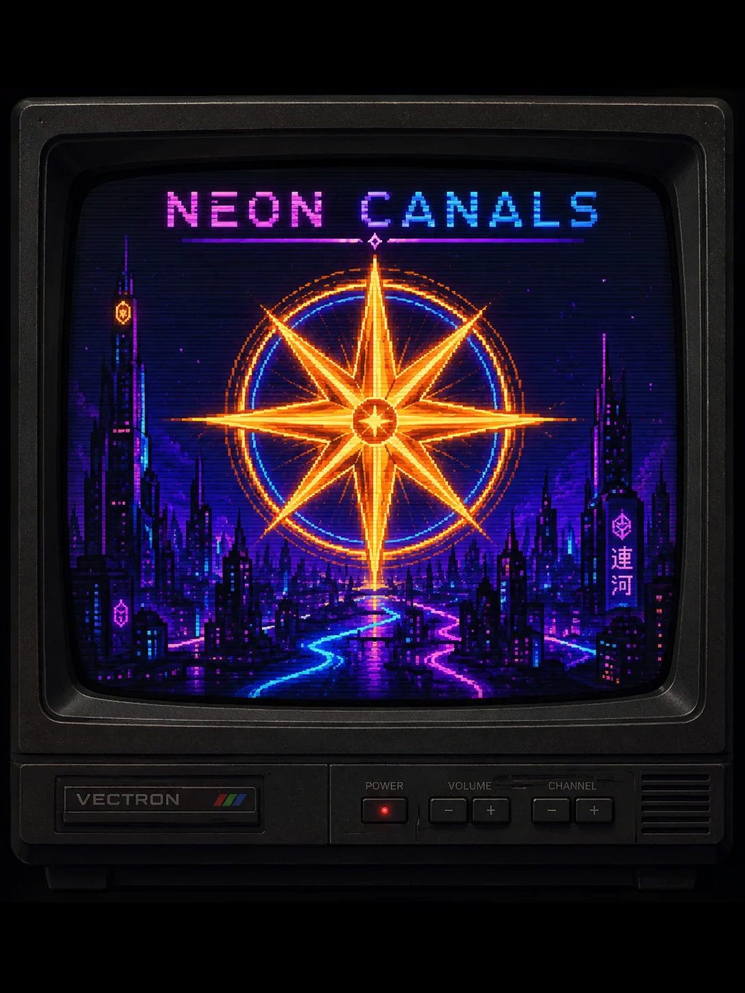 Neon Canals on a retro television